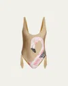 Chloé Flamingo Print Cutout One-piece Swimsuit In Delicate Pink