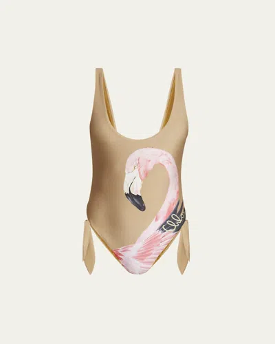 Chloé Flamingo Print Cutout One-piece Swimsuit In Delicate Pink
