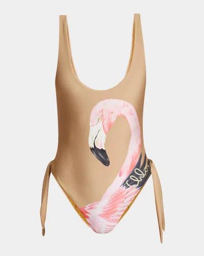 CHLOÉ FLAMINGO PRINT CUTOUT ONE-PIECE SWIMSUIT