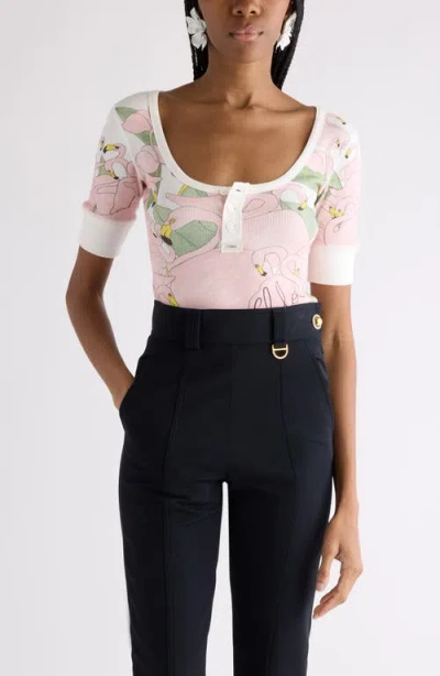 Chloé Flamingo Print Rib Jersey Henley In White