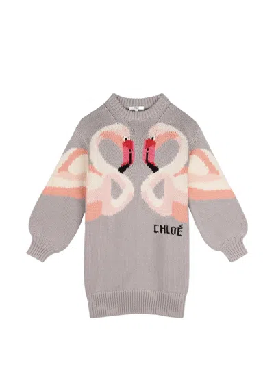 Chloé Kids' Flamingo-intarsia Knitted Dress In Gray