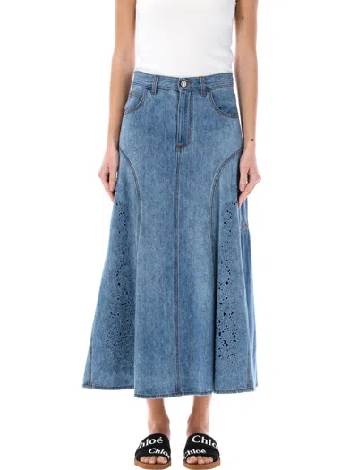 CHLOÉ FLORAL EMBROIDERED FLARED DENIM MIDI SKIRT IN BLUE FOR WOMEN BY CHLOÉ