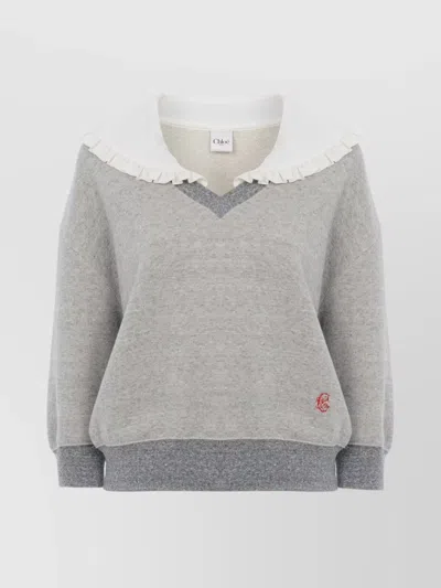 CHLOÉ FLEECE SWEATER WITH SILK RUFFLED COLLAR
