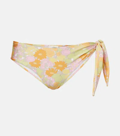 Chloé Knot-detailed Floral-print Bikini Briefs In Yellow