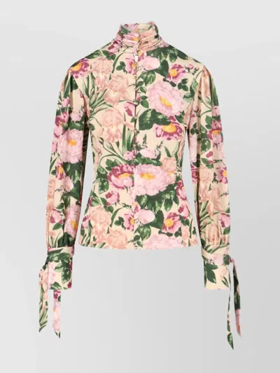 Chloé Floral Button High Neck Long Sleeve Top In Pink