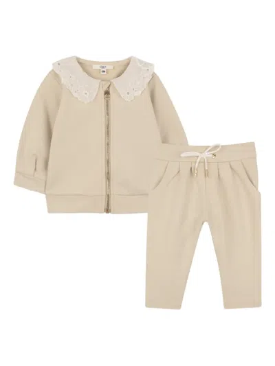 Chloé Babies' Floral-collar Tracksuit Set In Brown
