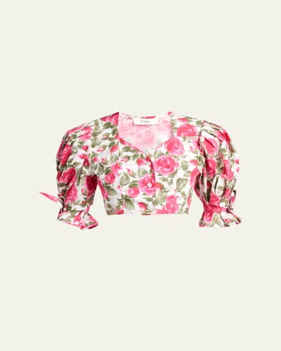 Chloé Floral Cotton Puff-sleeve Button-front Crop Top In Multi