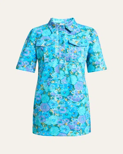 Chloé Floral Cotton Twill Short-sleeve Mini Shirtdress In Blue