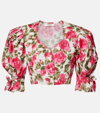 Chloé Floral Cotton Puff-sleeve Button-front Crop Top In Multi