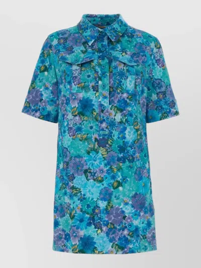 Chloé Floral Drill Mini Dress Short Sleeves Collar In Blue