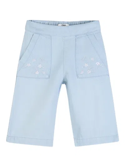 Chloé Babies' Floral-embroidered Denim Trousers In White