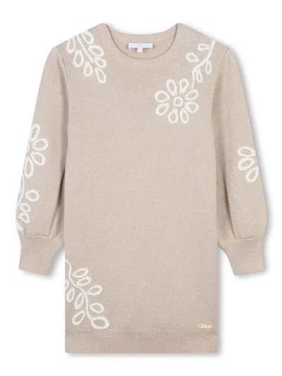 Chloé Kids' Floral-embroidered Fine-knit Dress In Beige
