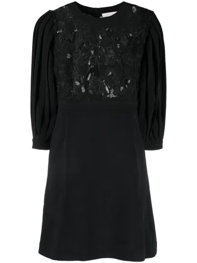 Chloé Floral-embroidered Midi Dress With Puff Sleeves In Black