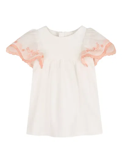 Chloé Babies' Floral-embroidered Short-sleeve Dress In White