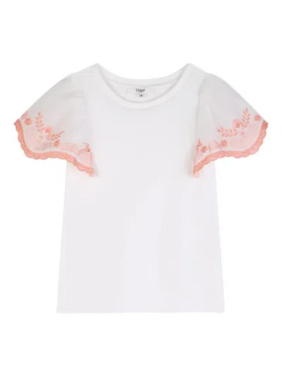 Chloé Kids' Floral-embroidered T-shirt In White