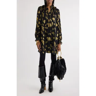 Chloé Robe Courte À Nouer En Jacquard De Soie Et Lurex Femme Noir Taille 38 80% Soie, 20% Polyamide, Pinct In Black