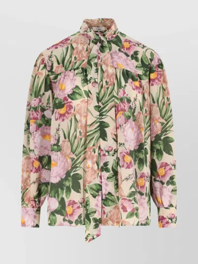 Chloé Floral High Neck Pleated Long Sleeve Top In Multi