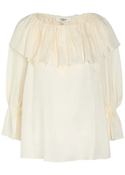 Chloé Chloe Floral Jacquard Ruffled Silk Blouse In White