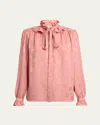 Chloé Floral Jacquard Tie-neck Ruffle Blouse In Wild Pink