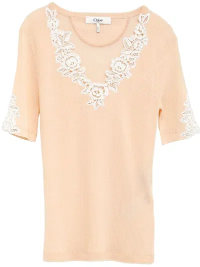 Chloé Floral-lace T-shirt In Orange