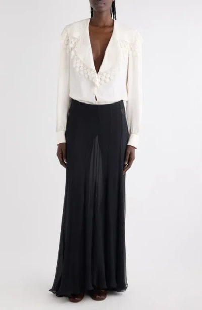 Chloé Floral Lace Trim Organic Silk Button-up Shirt In White