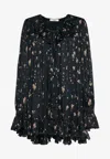 Chloé Floral Print Gathered Silk Mini Dress In Black
