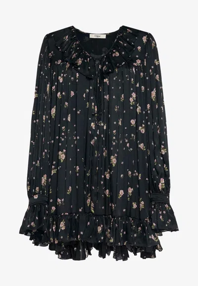 CHLOÉ FLORAL PRINT GATHERED SILK MINI DRESS