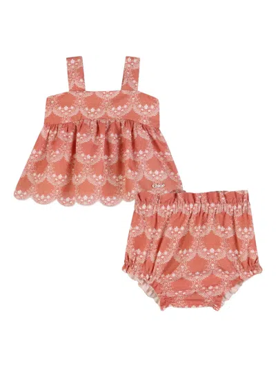 Chloé Babies' Floral-print Shorts Set In Red