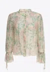 Chloé Floral Silk Balloon-sleeve Button-down Top In Beige