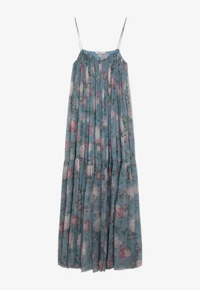 Chloé Chloe Women Long Dress Peonies Print On Organic Silk Mousseline In Blue