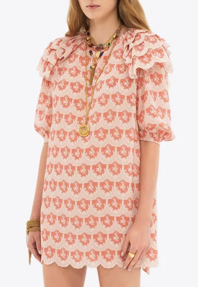Chloé Floral Ruffled Scallop Silk Mini Dress In Pink