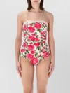 Chloé Bow-detailed Ruched Lace-trimmed Floral-print Swimsuit In Multi