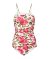 Chloé Bow-detailed Ruched Lace-trimmed Floral-print Swimsuit In Pink