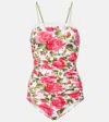 Chloé Bow-detailed Ruched Lace-trimmed Floral-print Swimsuit In Multi
