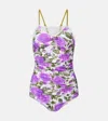 Chloé Bow-detailed Ruched Lace-trimmed Floral-print Swimsuit In Purple