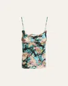 Chloé Floral Ruched Ruffle-trim Silk Tank Top In Black