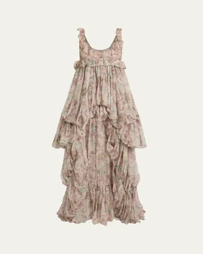 Chloé Floral Ruffle Tiered High-low Balloon Babydoll Dress In Muddy Grey