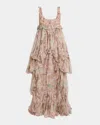 Chloé Floral Ruffle Tiered High-low Balloon Babydoll Dress In Muddy Grey