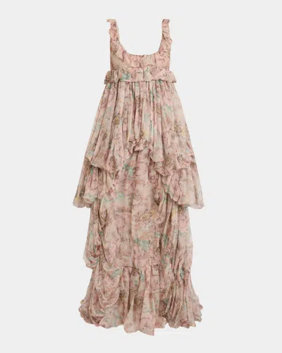 Chloé Floral Ruffle Tiered High-low Balloon Babydoll Dress In Muddy Grey