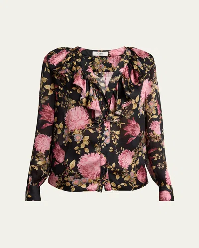 CHLOÉ FLORAL RUFFLE-TRIM BUTTON DOWN SILK TOP