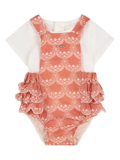 Chloé Babies' Floral Ruffled Bodysuit In Orange