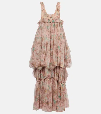 Chloé Floral Ruffle Tiered High-low Balloon Babydoll Dress In Muddy Grey