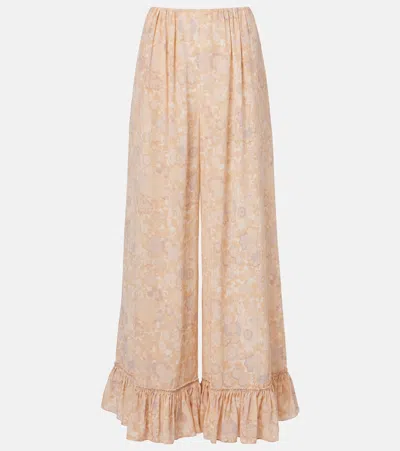 Chloé Ruffled Floral-print Silk-charmeuse Wide-leg Pants In Brown
