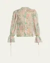 Chloé Floral Silk Balloon-sleeve Button-down Top In Seedpearl Beige
