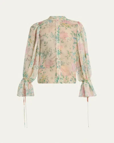 CHLOÉ FLORAL SILK BALLOON-SLEEVE BUTTON-DOWN TOP