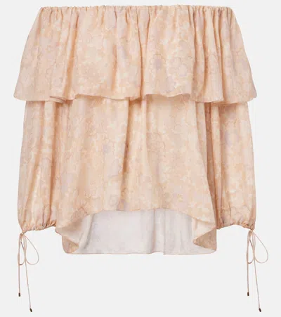 Chloé Off-the-shoulder Ruffled Floral-print Silk-charmeuse Blouse In Pink