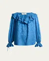 Chloé Floral Silk Jacquard Ruffle Top In Blue