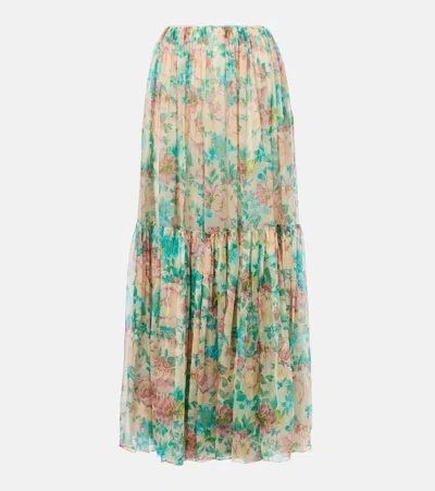 Chloé Pleated Tiered Floral-print Silk-chiffon Maxi Skirt In Beige