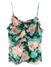 Chloé Floral Ruched Ruffle-trim Silk Tank Top In Black