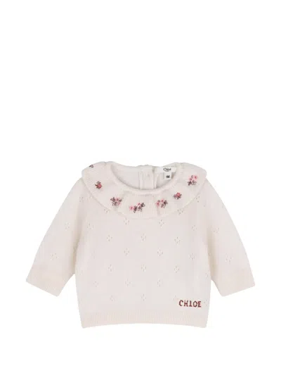 Chloé Floral-embroidered Knitted Wool Babygrown Set In Neutral